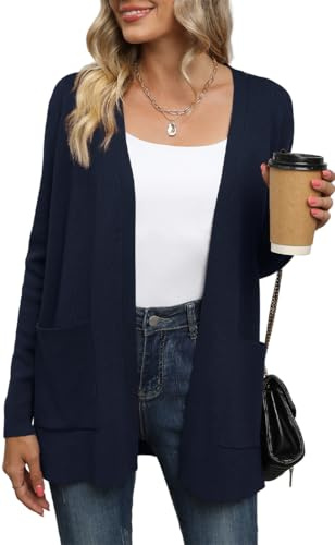 Yommay Cardigan per Donne Sciolto Casual Leggero Maglione da Donna a Maniche Lunghe con Collo a V e Tasche, blu navy, M