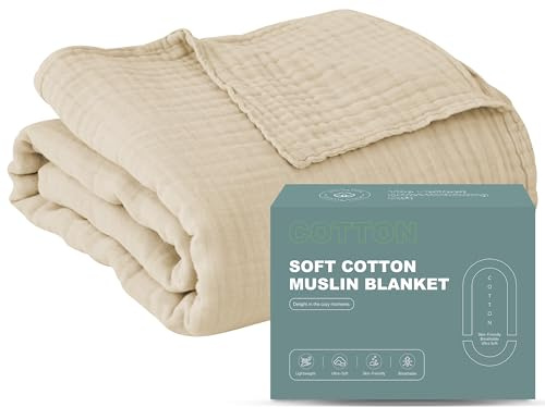 Cosy Family 6 Layer Muslin Bed Blanket - Breathable and Lightweight Gauze Boho Blanket for Spring, Soft 100% Cotton Muslin, Light Tan, 55x80 Inches