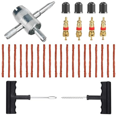 Reifenreparaturset, Auto Reifenflickzeug, Bestehend aus 20 Vulkanisierende Streifen, 2 T-Griffe und Teilig Reifenventil Werkzeug, Werkzeuge zur Behebung von Reifenpannen für Motorrad, Autos