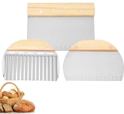 Teigschaber Edelstahl, 3Pcs Teigschaber mit Holzgriff, Teigschneider Edelstahl, Scraper Küche Wellenmesser Rostfreier Stahl für Kuchen Pizza Brotschneiden Küchenbedarf