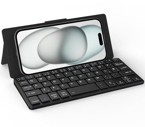 CACOE Teclado Bluetooth con Soporte, Mini Teclado para iPad, [Español] Portátil, Plegablede Doble Canal para Tablet/iPhone/iOS/Android Tablet/Windows, Negro
