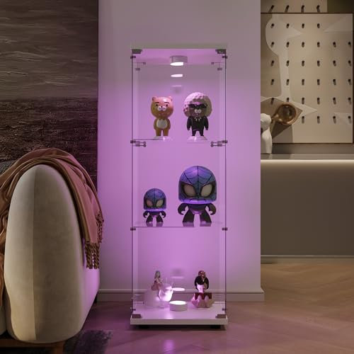 Glasvitrine,Modern Glas Vitrine Vitrinenschrank mit 3 Regalen,LED Glasvitrine Schrank mit Türen und Schloss,Wohnzimmer Vitrine Bodenstehender Glasaufbewahrungsschrank für Zuhause, Hartglas, Weiß