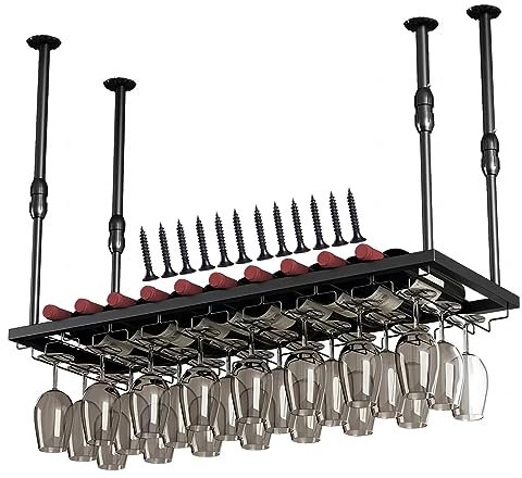 Estante colgante de altura ajustable para copas de vino para cocina, bar, soporte para copas de vino negro/dorado con estante de exhibición de botellas de vino, solución moderna y elegante de