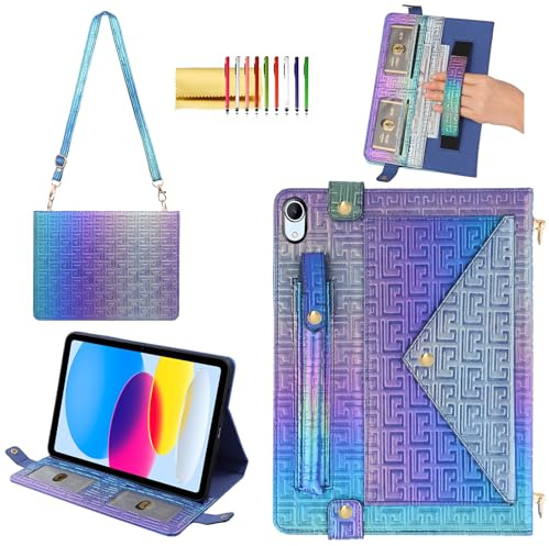Techcircle Glänzende Schutzhülle für iPad (A16) 2025 11 Zoll/iPad 10. Generation, Handtasche mit Handschlaufe, schillerndes Folio-Etui mit Stifthalter, Kartenfächern und Schultergurt, glänzendes