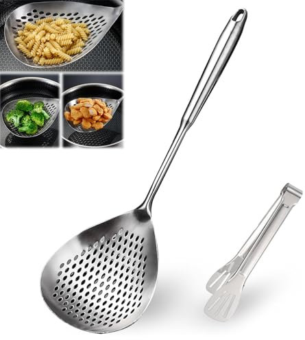 2 Pack 304 Stainless Steel Slotted Spoon & Kitchen Tongs Stainless Steel Skimmer Ladle Spoon Spider Strainer with Handle and Hanging Holes,Fryer Scoop Kitchen Colander for Cooking,Draining and Frying