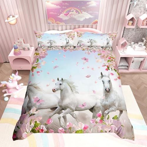 Loussiesd Double Girl Horse Bedding Set Flying Horse Set White Duvet Cover Cherry Blossoms Pink Flowers Duvet Cover 3D Wildlife Bedroom Decoration