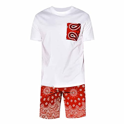 Herren Freizeitanzug Cashew Blumendruck Kurzarm Shorts Zwei Herren Chap Anzug, rot, XL