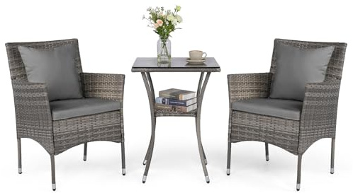COSTWAY Rattan Gartenmöbel Set, Balkonmöbel Kleiner Balkon, Balkon Möbel mit 2 Sessel, Glastisch und Kissen, Gartenlounge 2 Personen, Sitzgruppe für Garten, Veranda, Poolbereich (Mix Grau+Grau)