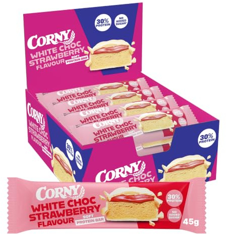 Barritas de Proteínas, Corny Protein,Soft Chocolate Blanco y Fresa,13,5 gr de Proteínas, 0% Azúcares Añadidos, Ayudan al Desarrollo y Recuperación de la Masa Muscular, Pack 12x45g, Taste the Power