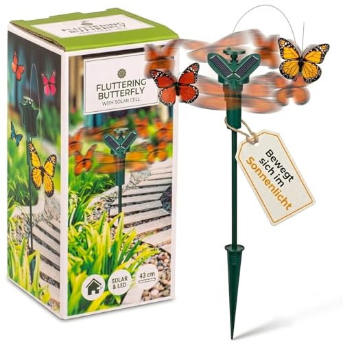MIJOMA Solar Schmetterling Gartenstecker 43 cm – rotierende Outdoor Deko mit Batteriefach – Bunte Beetdeko für Balkon Terrasse und Garten