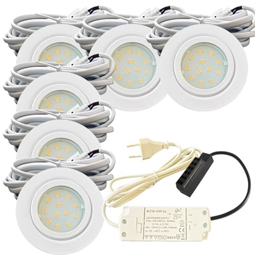 Rolux 6er Set LED Einbauleuchte Leni 12V 2,2W Neutralweiß 4000K Weiß | IP44 für Bad, Küche & Möbel | Mit Plug-and-Play Trafo & 230V Stecker-Zuleitung | Ø54-60mm Lochausschnitt, Flach, Nicht Dimmbar
