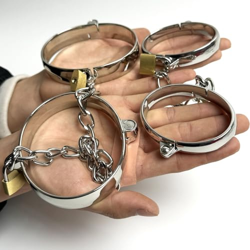 Argent métal Menottes et chaînes de cheville ovales polir bondage Av.chaîne | YILUQIFLY BDSM Cosplay Verrouillable SUBS sclaves femmes hommes restraint handcuffs adulte fetisch Jeu de rôle contraintes