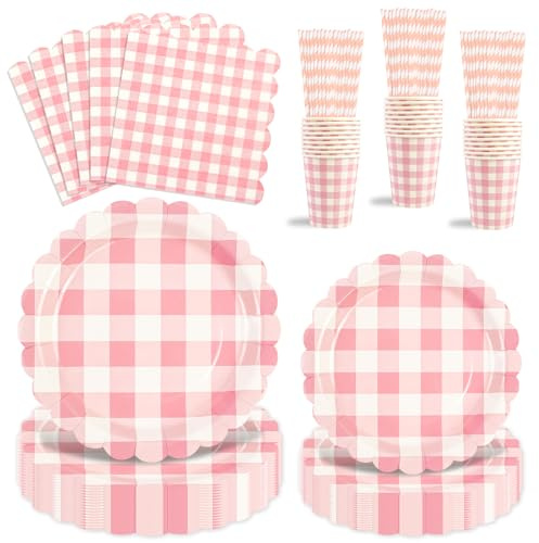 Set da tavola smerlato rosa da 125 pezzi, piatti di carta usa e getta, tovaglioli e bicchieri, per cena, dessert, feste di compleanno