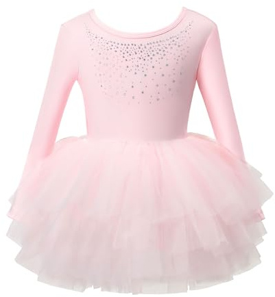 KARETT Toddler Ballet Leotard with Snap Glitter Ballerina Outfit Criss-Cross Long Sleeve Pink Tutu Dress for Girls 4-5 Years