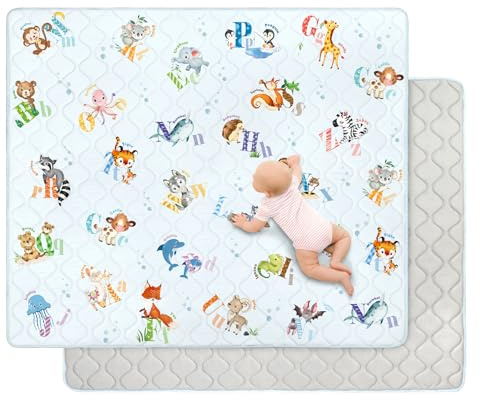 decalsweet Spielmatte Baby 150×180cm mit Rutschfest, Extra Dicke 2cm Weiche Krabbelmatte Baby, Faltbar Krabbeldecke für Baby Krabbelteppich für Kinderzimmer Indoor Outoor Zaun (Alphabet Tiere)