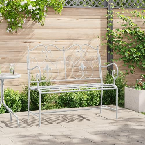 Qnhdfrt Weiße Metall Gartenbank Gotisches Design 104 x 54 x 93 cm Langlebige Outdoor Sitzbank für Garten Terrasse Balkon