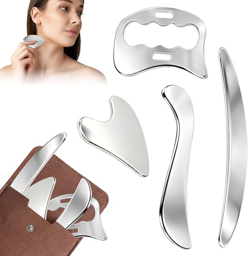 4-in-1 Gua Sha Edelstahl, Muskelschaber Werkzeug Lymphdrainage Massage Tool | Muskel Faszien Schaber mit Filz Aufbewahrungstasche für Beine, Rücken, Gesicht, Nacken, Massage Gua Sha
