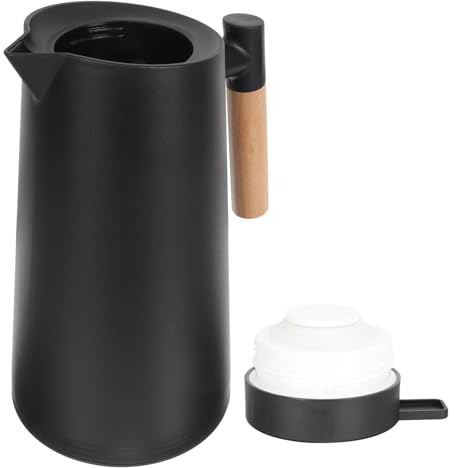 DOITOOL Jarra Térmica Nórdica Grande 1.5l Revestimiento de Vidrio y Mango de Madera, Hervidor Aislante para Café y Agua Caliente, Hogar y Oficina, Termo Negro de Alta Retención Térmica