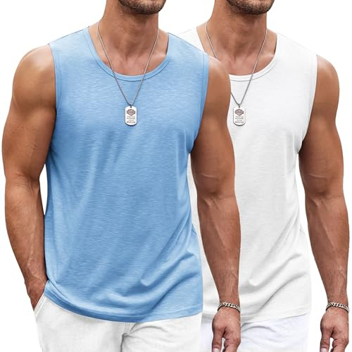 COOFANDY Débardeur Homme T-Shirt sans Manches Léger Fitness Musculation Séchage Rapide Gym Maillot de Corps sans Manches T-Shirt Fonctionnel pour Hommes Blanc/Bleu Clair (2 pièces) M