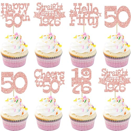 Ephlyn 30Pcs Happy 50th Birthday Cupcake Toppers Glitter Fifty Straight Outta 1976 Cupcake Picks Cheers to 50 Years Cake Decorations for Happy 50th Birthday Anniversary Party Supplies Rose Gold