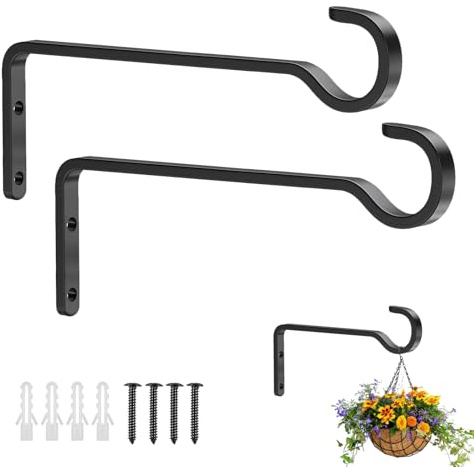 THINTON 2 Pack 20cm Hanging Basket Bracket, Black Metal Wall Brackets for Indoor & Outdoor Use, Hanging Plants, Wind Chimes, Bird Feeders, and Bird Houses