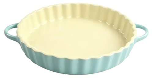 Hocadrv Runde Tarteform Keramik Backform Rund Quicheform Keramik | Auflaufform mit Wellenrand und Griff für Pie Quiche Einfach Zu Reinigen(Gelb Blau)