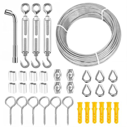 Dexpally 20m 3mm Cable de Acero Inoxidable Cable de Acero Recubierto de PVC con Tensores Alambre/Abrazadera para Plantas Trepadoras Valla Luminarias y Tendedero Exterior