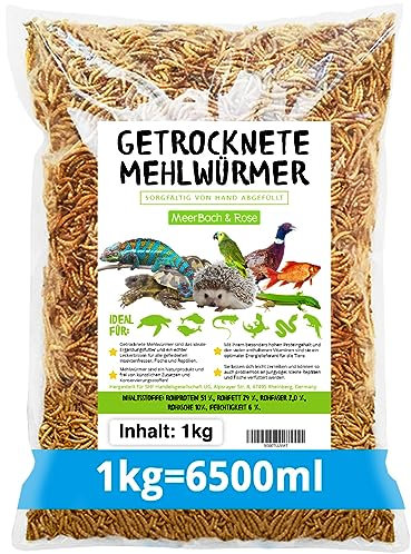 Mehlwürmer getrocknet, 1kg (entspricht 6,5 Litern!) Futtermittel im Beutel, der proteinreiche Snack für Wildvögel, Fische, Reptilien, Schildkröten und Igel