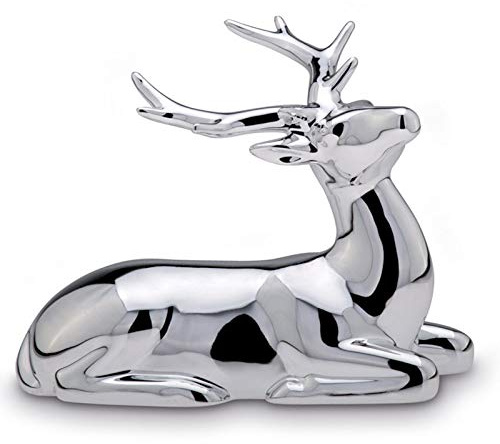 H.Bauer jun. Kleine liegende Porzellan Deko Rentier Figur - silbern glänzende Hirsch Geweih Weihnachts-Deko zum Hinstellen Höhe 11 cm