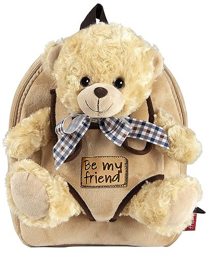 PERLETTI Kuscheltier Teddybär Rucksack für Kinder - Pluschbär Weich Flauschig und Kindergarten Schultasche mit Tasche für Plüsch Tier - Baby 3 4 5 Jahren Kindertasche 27x21x9 cm (Beige Bär mit Bogen)