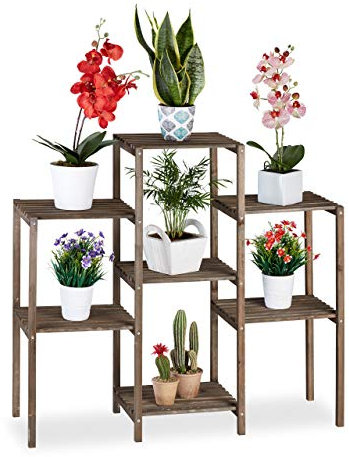 Relaxdays Blumentreppe Holz, Shabby, Innenbereich, Wohnzimmer, Pflanzenregal stehend, 7 Ablagen, HBT 86x95x29 cm, braun