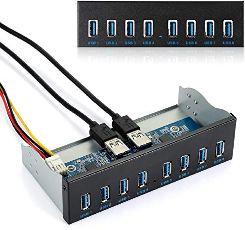 MZHOU Panneau d'extension Frontal USB 3.0 8 Ports pour Baie 5,25 Pouces, Carte mère 19 Broches vers 8 Ports USB 5 Gbit/s avec câble d'alimentation SATA 15 Broches