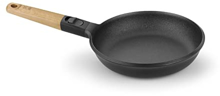 BRA Market | Poêle 26 cm, fonte d’aluminium, poignée amovible en bois naturel, tricouche antiadhésive sans PFOA, adapté à tous les types de cuisines, y compris l’induction.