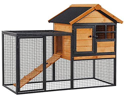 PawHut Kaninchenstall erhöhtes Haustier Haus Kleintierstall mit Freilaufgehege, Abschließbare Tür Outdoor Holz-Metall Hellgelb 122 x 63 x 92 cm