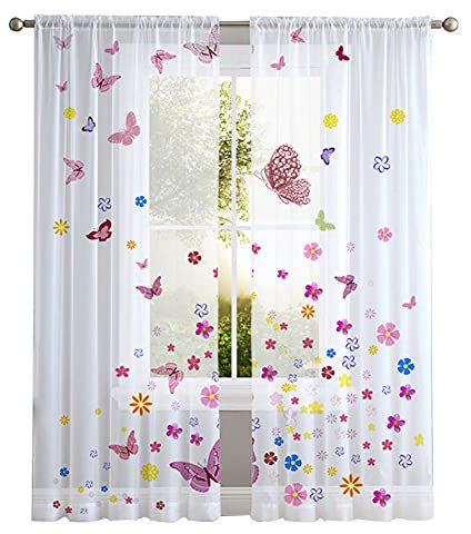 Hiseng Cortina Visillos Semitranslucida 2 Piezas Cortinas Salon Translúcidos de Dormitorio Moderno Cortina para Ventana Sala Cuarto Cocina Habitacion (Mariposas,140x160cm)
