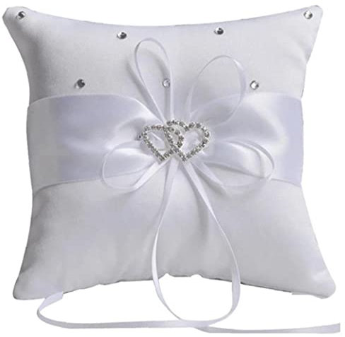 JOKEYY Almohada De Anillo De Bodas, Cojín De Anillo De Boda De Satén De Doble Corazón De Corazón para Anillo De Anillo Beach Beach Suministros De Fiesta De Bodas Románticas