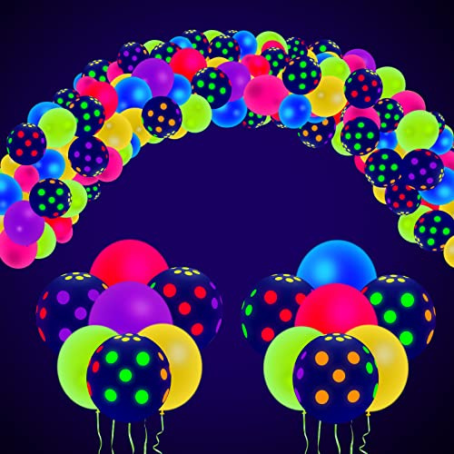 Paquete de 100 piezas de globos reactivos a los rayos UV de colores lisos y lunares de neón - Látex de 12 pulgadas - Brilla en la oscuridad
