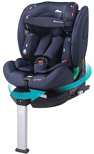 globalkids i-Size 360 Swivel Car Seat, Group 0+123 Car Seat with ISOFIX and Support Leg, ECE R129, 0-36 kg, 0-12years, 40cm-150cm, Navy, Feather Pattern