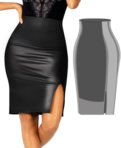 Popilush Shapewear Faux Leather Skirts with Built in Shapewear Tummy Control High Waist Midi Skirt with Shaper for Women Black