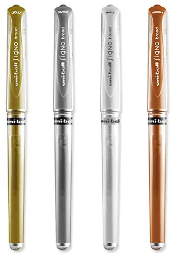 uni-ball Signo Pen Broad Metallic Gel Ink Rollerball - Metal 1mm Tip Nib 0.65mm Line Width With Rubber Grip - UM-153 - (Pack Of 4) - Gold, Silver, White & Bronze