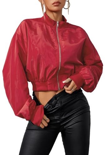 Verdusa Women's Cropped Bomber Lightweight Jacket Long Sleeve Zip Up Outerwear Red M