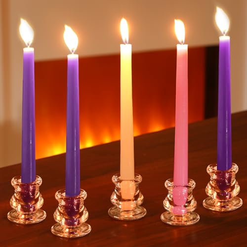 MTLEE 10-teiliges Weihnachtskerzenhalter-Set mit 5 klaren Glas-Kerzenhaltern und 5 Adventskerzen (25,4 cm) für Tischdekoration, Hochzeit, Festival, Kirchendekoration