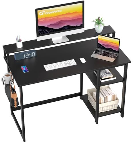 GreenForest Scrivania con Supporto per Monitor, Scrivania Gaming 120cm con Scaffali Reversibile, Scrivania PC Moderna Multifunzionale, Montaggio Facile, Nero
