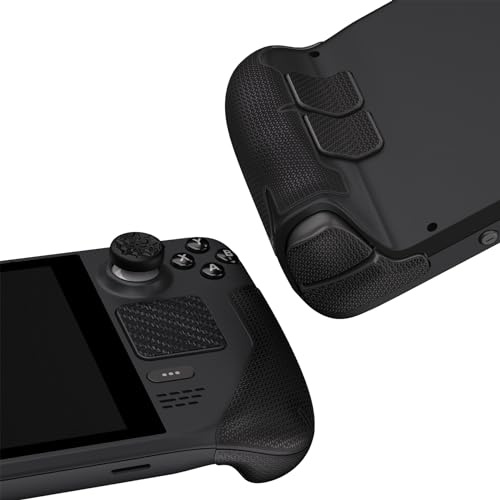 PlayVital Grip Aufkleber für Steam Deck LCD & OLED, Soft Rubber Grip Pads | Skin-Sticker-Set, Geteiltes Design, Daumengriffkappen, Sechseckiger Diamant Strukturiert, Schwarz