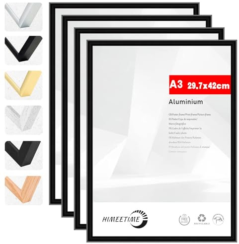HIMEETIME® 4x Bilderrahmen A3 30x42 cm Schwarz Metall Rahmen,Dokumentenrahmen 29,7x42 cm Groß Collage,Metallrahmen Alu-Bilderrahmen Aluminium,Picture Frame A3 Fotorahmen