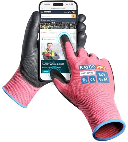 KAYGO 12 par pekskärmsarbetshandskar för män och kvinnor, PU-belagda skyddshandskar, halkfritt grepp på handflator och fingrar, lämpliga för allmänt arbete (Rosa, M, storlek 8)