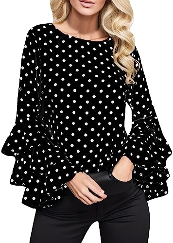 PAIDAXING Camisas para mujer, elegante blusa de lunares con volantes, cuello redondo, manga larga, casual, primavera, verano, camisetas elegantes para oficina, trabajo, negocios