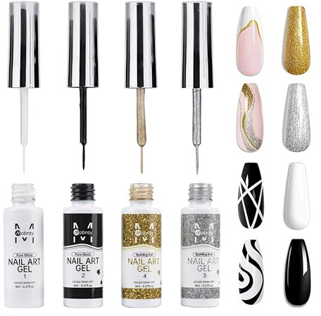 Kit de vernis à ongles gel pour nail art, 4 couleurs noir, blanc, or, argent, avec pinceau fin pour French Tip Manucure DIY Nail Art, 8 ml
