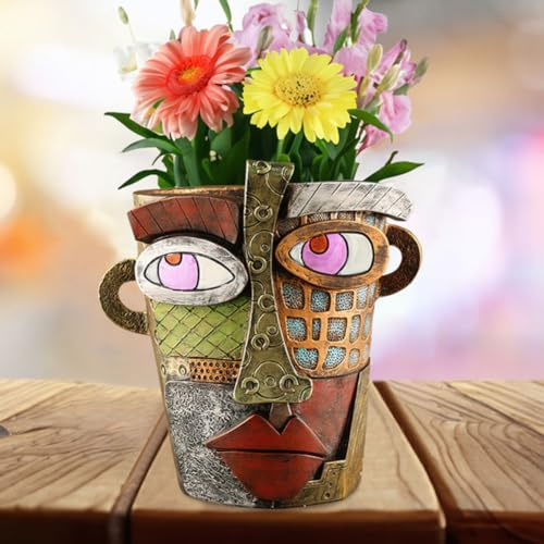Picasso - Vaso da fiori brutalista con viso di bellezza astratto, fatto a mano, colorato, vaso da fiori in resina, divertente fioriera per piante da interno, balcone, patio, decorazione artistica per
