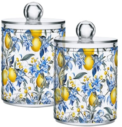 Yellow Lemons with Blue Flowers Clear Plastic Jars Set of 2, Clear Apothecary Plastic Jars Bathroom Canister Storage Organization for Cotton Pads, Cotton Ball, Cotton Swabs, Floss Picks 10 Oz